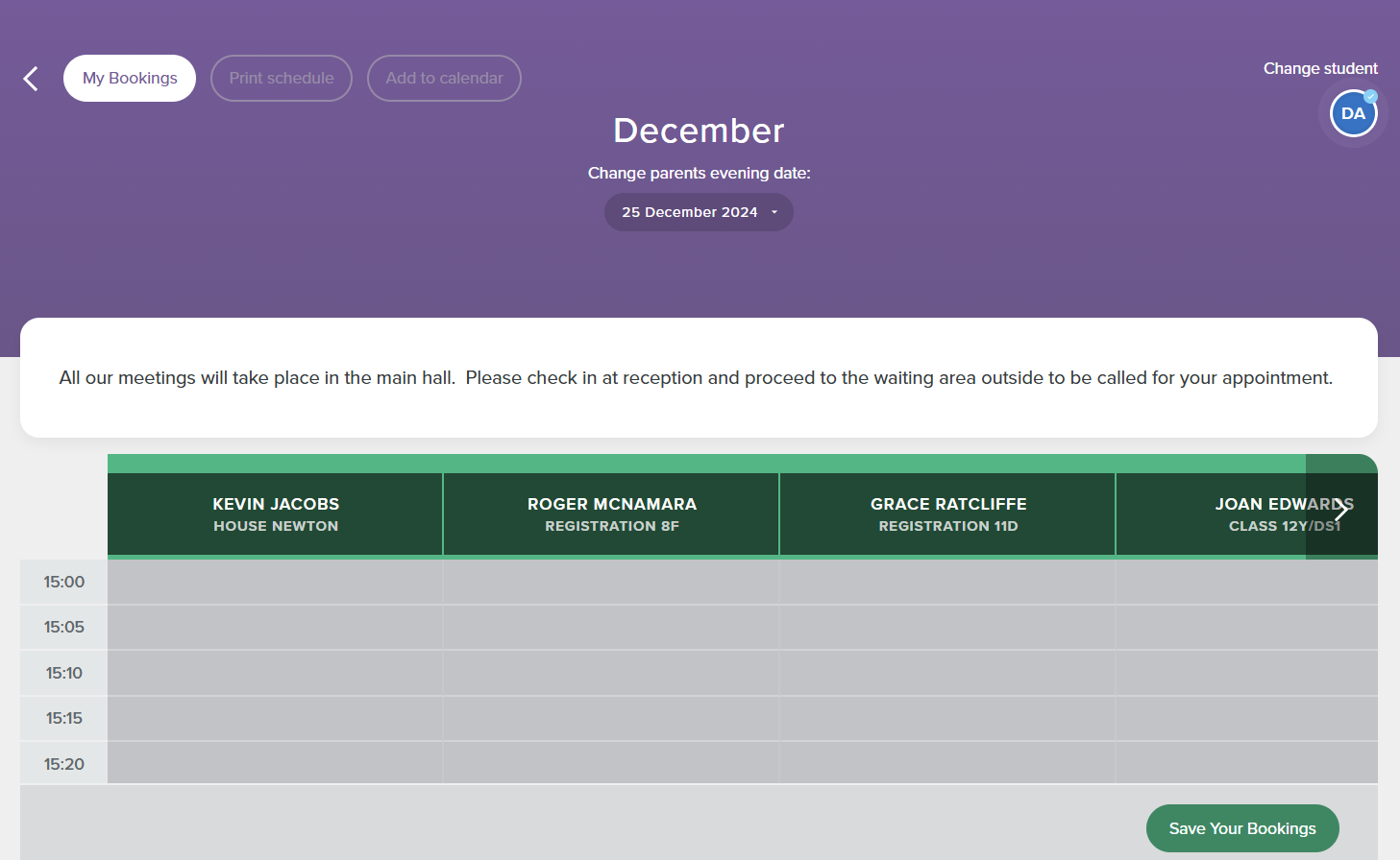 Screenshot of the parents' evening booking screen, displaying the 'Save Your Bookings' button in the bottom-right corner